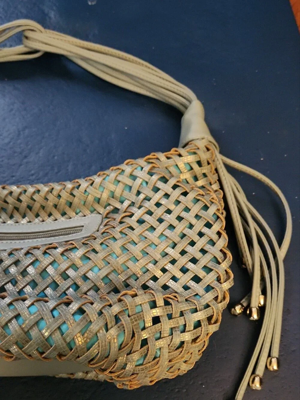 Woven Shoulder Hobo Bag in Light Blue With Golden Sheen.